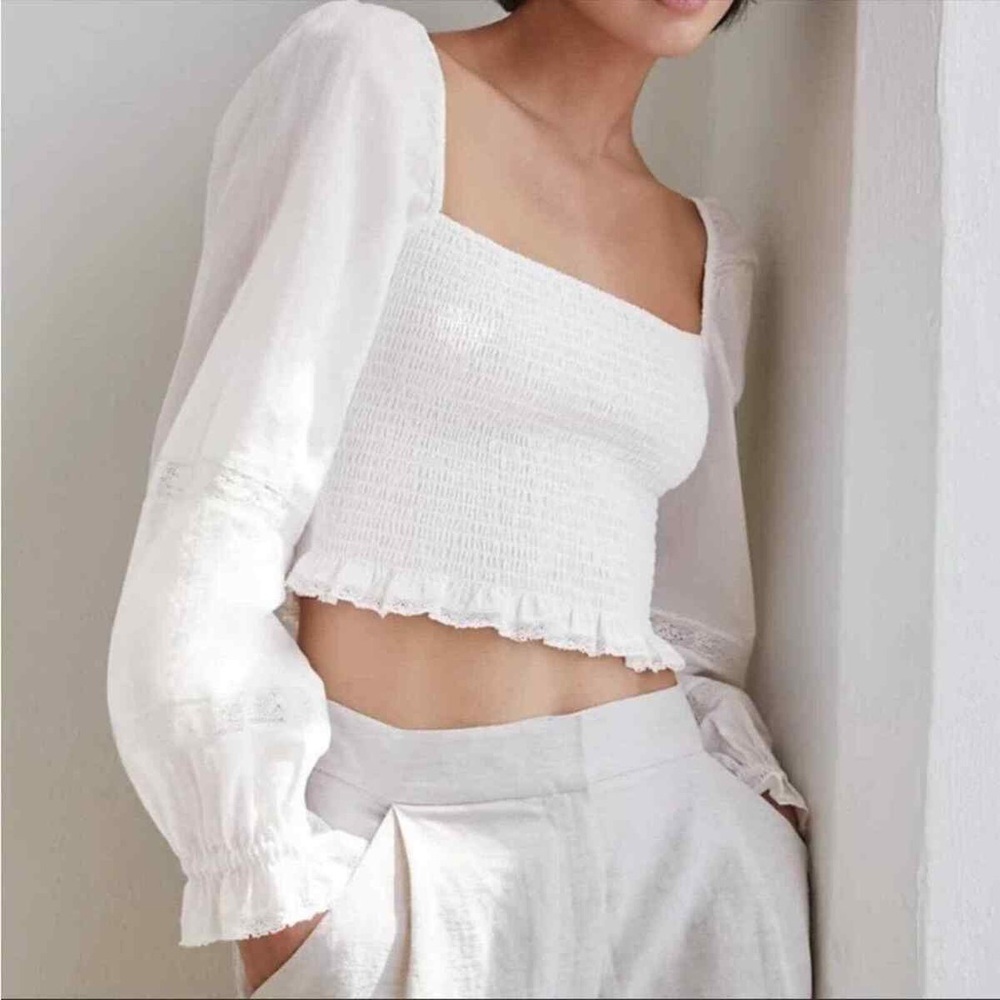 Wilfred Artizia Soiree Top White Cropped Smocked Puff Sleeve Organic Cotton XS